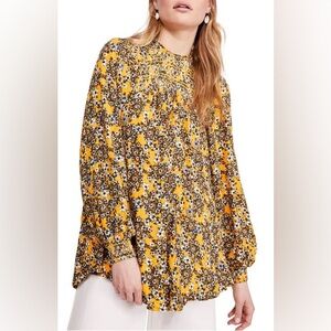 Free People Flowers In Her Hair Smock Detail Tunic Top yellow